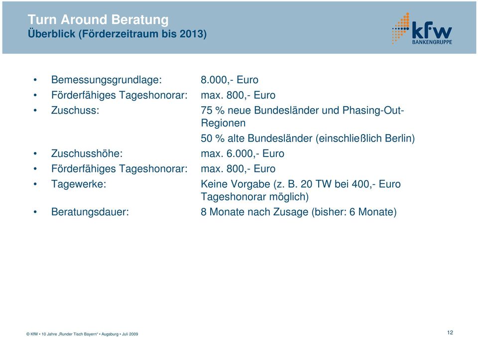 800,- Euro Zuschuss: 75 % neue Bundesländer und Phasing-Out- Regionen Zuschusshöhe: max. 6.
