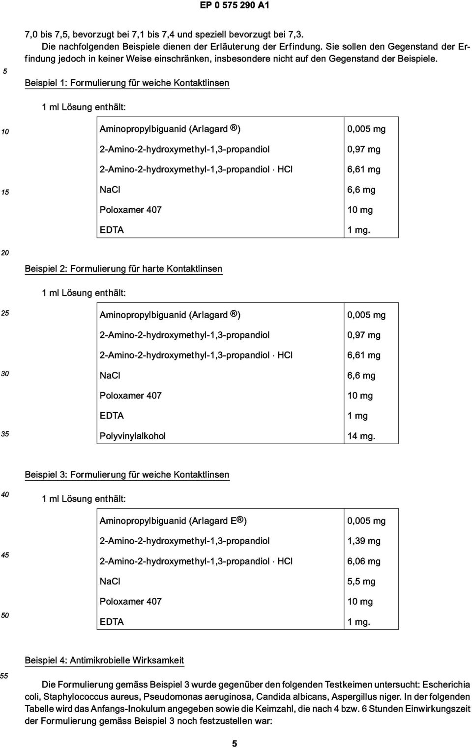 Beispiel 1: Formulierung für weiche Kontaktlinsen 1 ml Lösung enthält: 10 Aminopropylbiguanid (Arlagard ) 0,005 mg 0,97 mg HCI 6,61 mg 15 NaCI 6,6 mg 1 0 mg 1 mg.