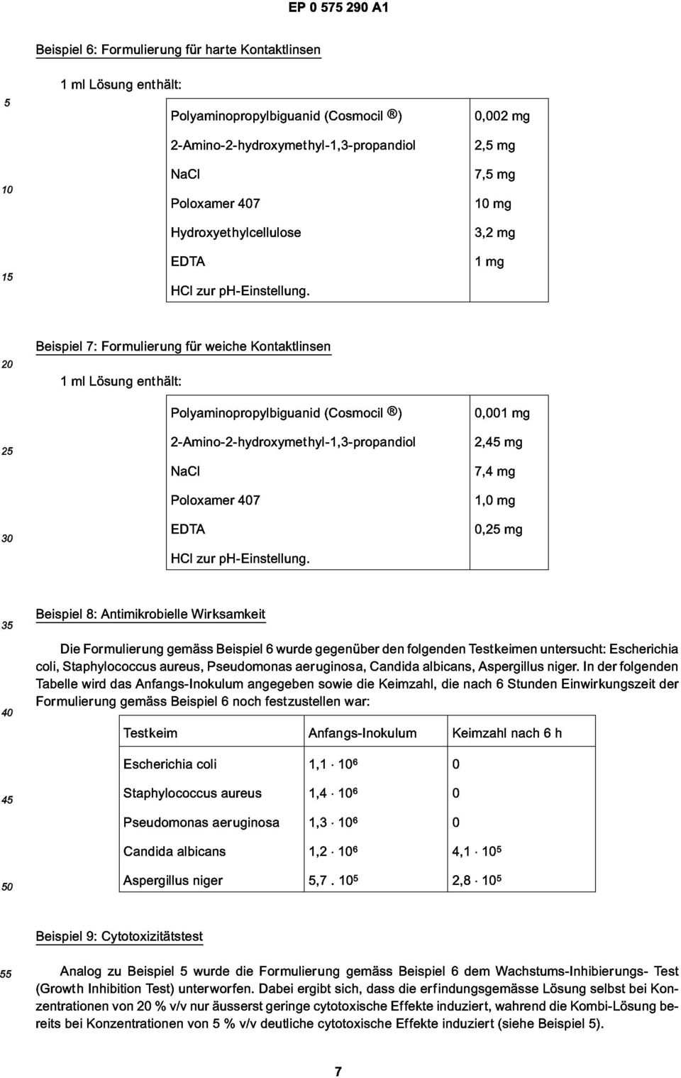 20 Beispiel 7: Formulierung für weiche Kontaktlinsen 1 ml Lösung enthält: Polyaminopropylbiguanid (Cosmocil ) 2-Amino-2-hydroxymethyl-1,3-propandiol NaCI 0,001 mg 2,45 mg 7,4 mg 1,0 mg 0,25 mg HCI