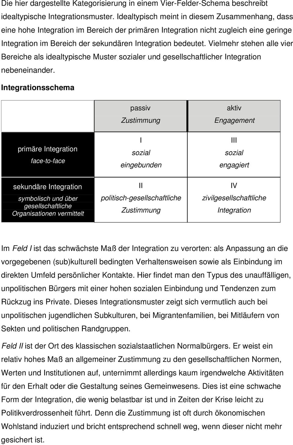 Vielmehr stehen alle vier Bereiche als idealtypische Muster sozialer und gesellschaftlicher Integration nebeneinander.