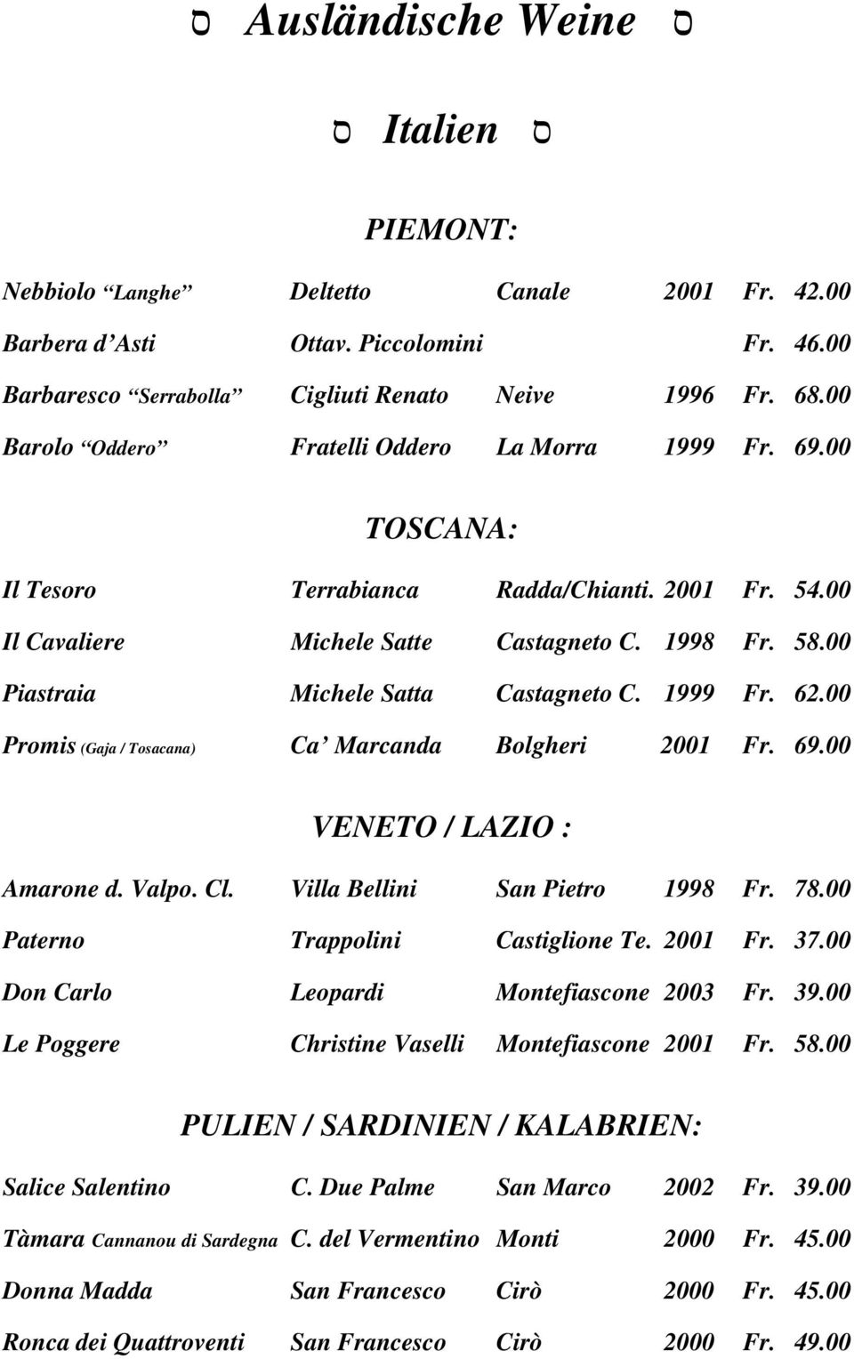 00 Piastraia Michele Satta Castagneto C. 1999 Fr. 62.00 Promis (Gaja / Tosacana) Ca Marcanda Bolgheri 2001 Fr. 69.00 VENETO / LAZIO : Amarone d. Valpo. Cl. Villa Bellini San Pietro 1998 Fr. 78.
