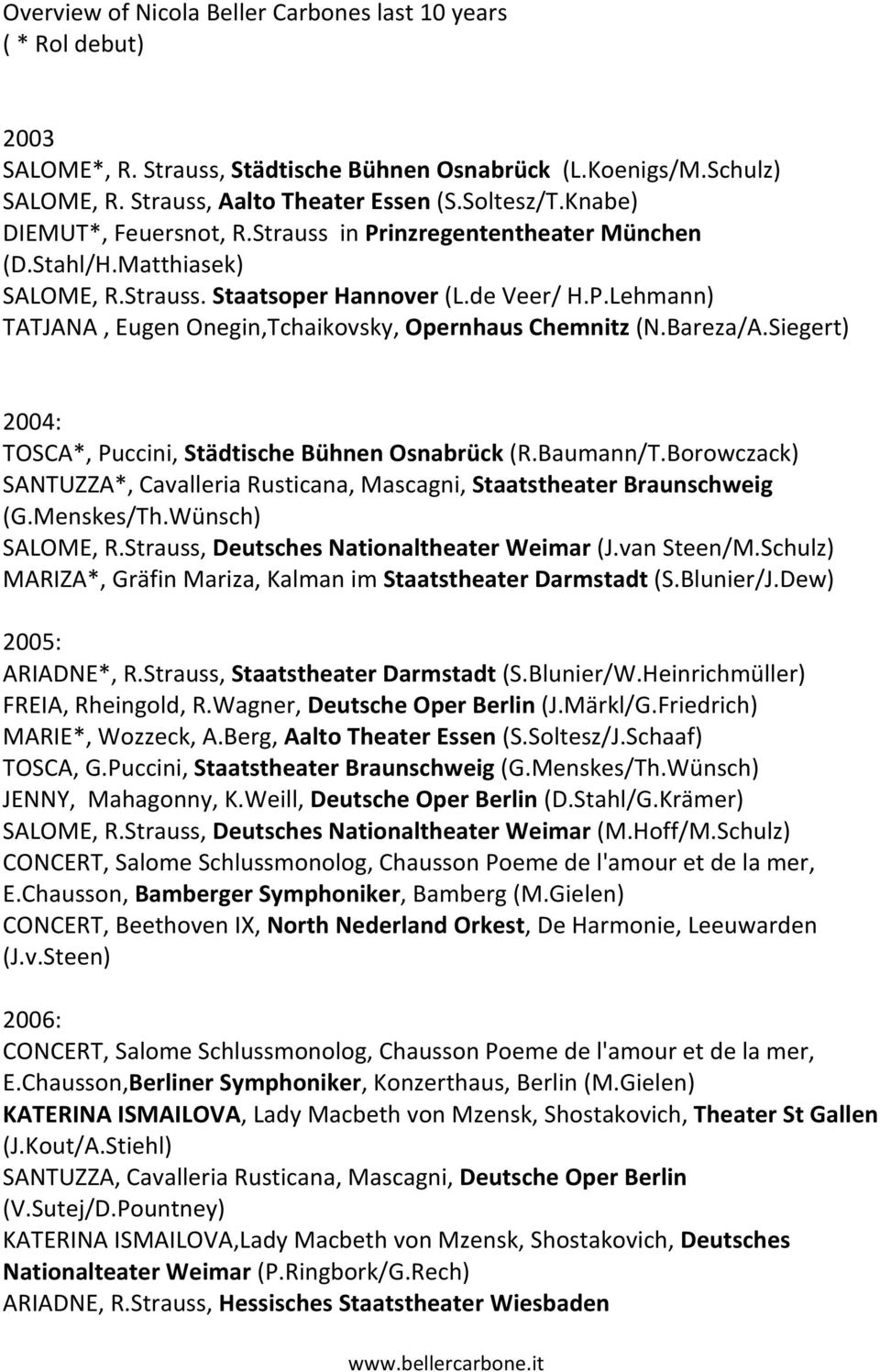 Bareza/A.Siegert) 2004: TOSCA*, Puccini, Städtische Bühnen Osnabrück (R.Baumann/T.Borowczack) SANTUZZA*, Cavalleria Rusticana, Mascagni, Staatstheater Braunschweig (G.Menskes/Th.Wünsch) SALOME, R.