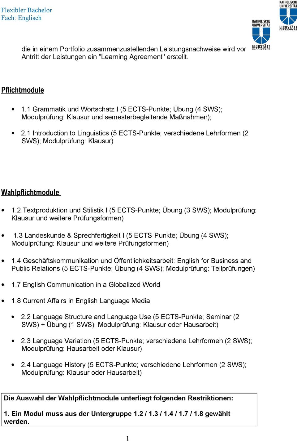 Introduction to Linguistics (5 ECTS-Punkte; verschiedene Lehrformen (2 SWS); Modulprüfung: Klausur) Wahlpflichtmodule.
