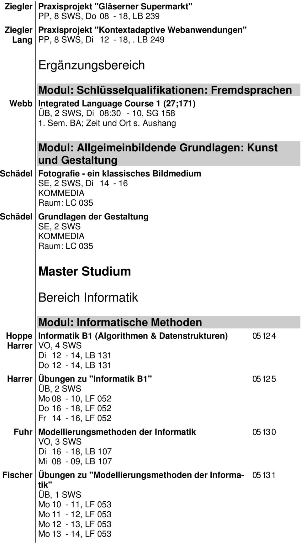 Aushang Modul: Allgeimeinbildende Grundlagen: Kunst und Gestaltung Schädel Fotografie - ein klassisches Bildmedium SE, 2 SWS, Di 14-16 Raum: LC 035 Schädel Grundlagen der Gestaltung SE, 2 SWS Raum: