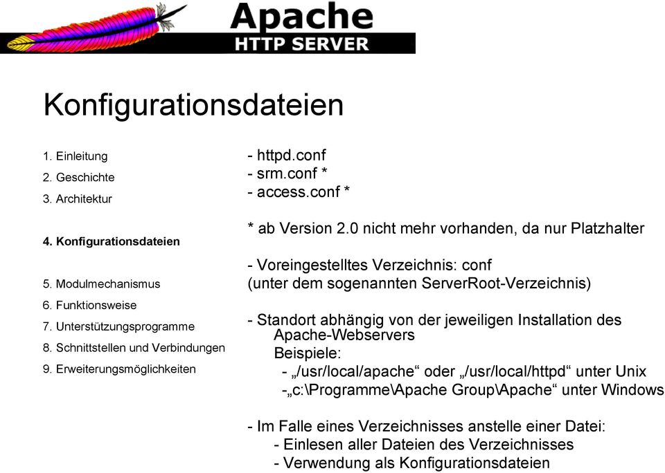Standort abhängig von der jeweiligen Installation des Apache-Webservers Beispiele: - /usr/local/apache oder /usr/local/httpd unter
