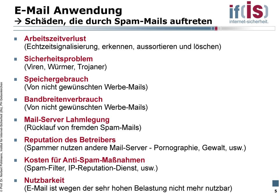 Werbe-Mails) Mail-Server Lahmlegung (Rücklauf von fremden Spam-Mails) Reputation des Betreibers (Spammer nutzen andere Mail-Server - Pornographie,