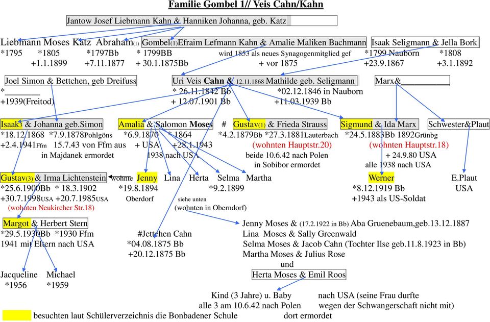 Nauborn *1808 +1.1.1899 +7.11.1877 + 30.1.1875Bb + vor 1875 +23.9.1867 +3.1.1892 Joel Simon & Bettchen, geb Dreifuss Uri Veis Cahn & 12.11.1868 Mathilde geb. Seligmann Marx& * * 26.11.1842 Bb *02.12.1846 in Nauborn +1939(Freitod) + 12.