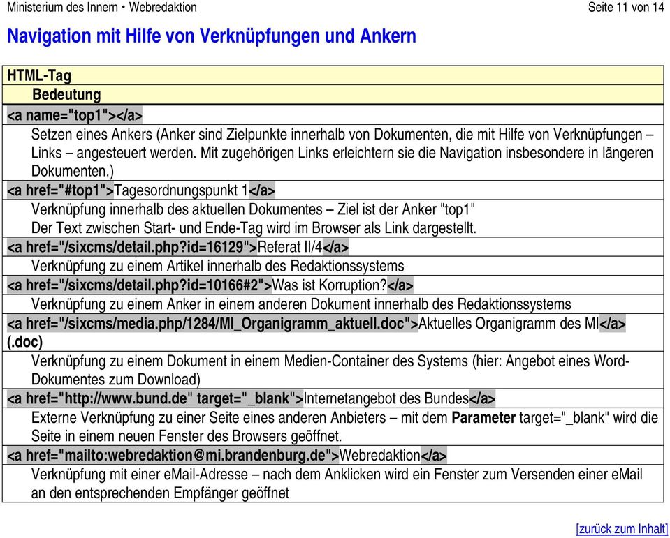 ) <a href="#top1">tagesordnungspunkt 1</a> Verknüpfung innerhalb des aktuellen Dokumentes Ziel ist der Anker "top1" Der Text zwischen Start- und Ende-Tag wird im Browser als Link dargestellt.