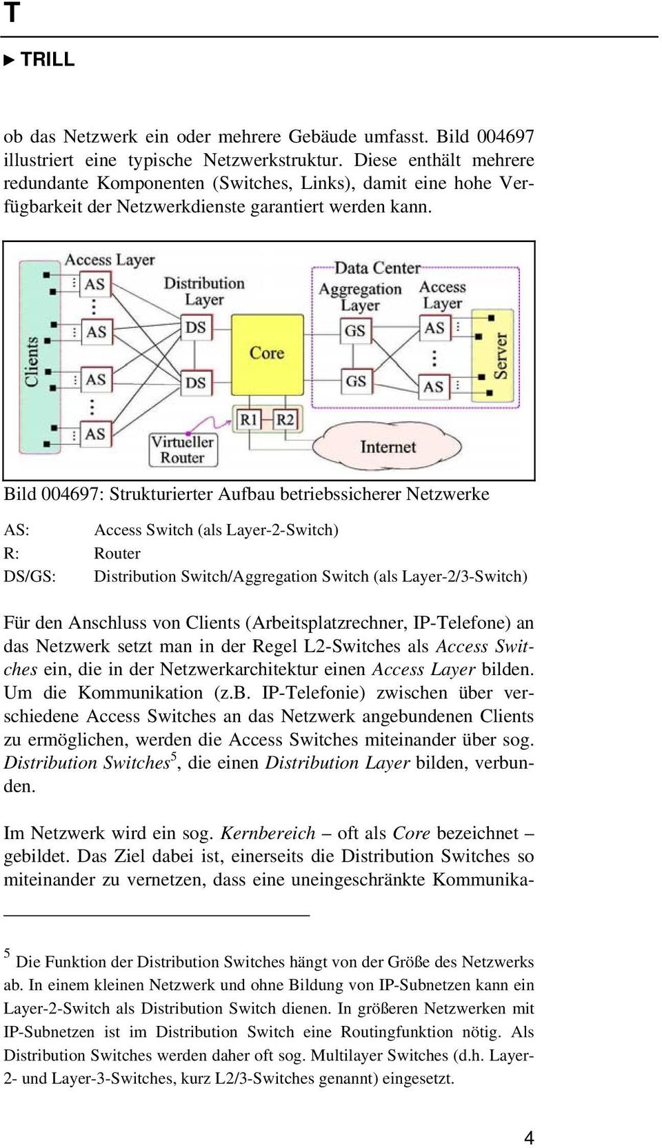 Bild 004697: Strukturierter Aufbau betriebssicherer Netzwerke AS: Access Switch (als Layer-2-Switch) R: Router DS/GS: Distribution Switch/Aggregation Switch (als Layer-2/3-Switch) Für den Anschluss