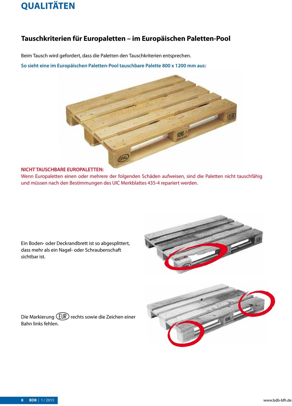 Schäden aufweisen, sind die Paletten nicht tauschfähig und müssen nach den Bestimmungen des UIC Merkblattes 435-4 repariert werden.