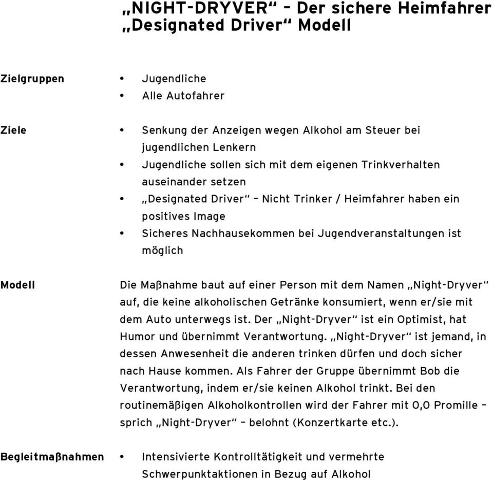 Maßnahme baut auf einer Person mit dem Namen Night-Dryver auf, die keine alkoholischen Getränke konsumiert, wenn er/sie mit dem Auto unterwegs ist.