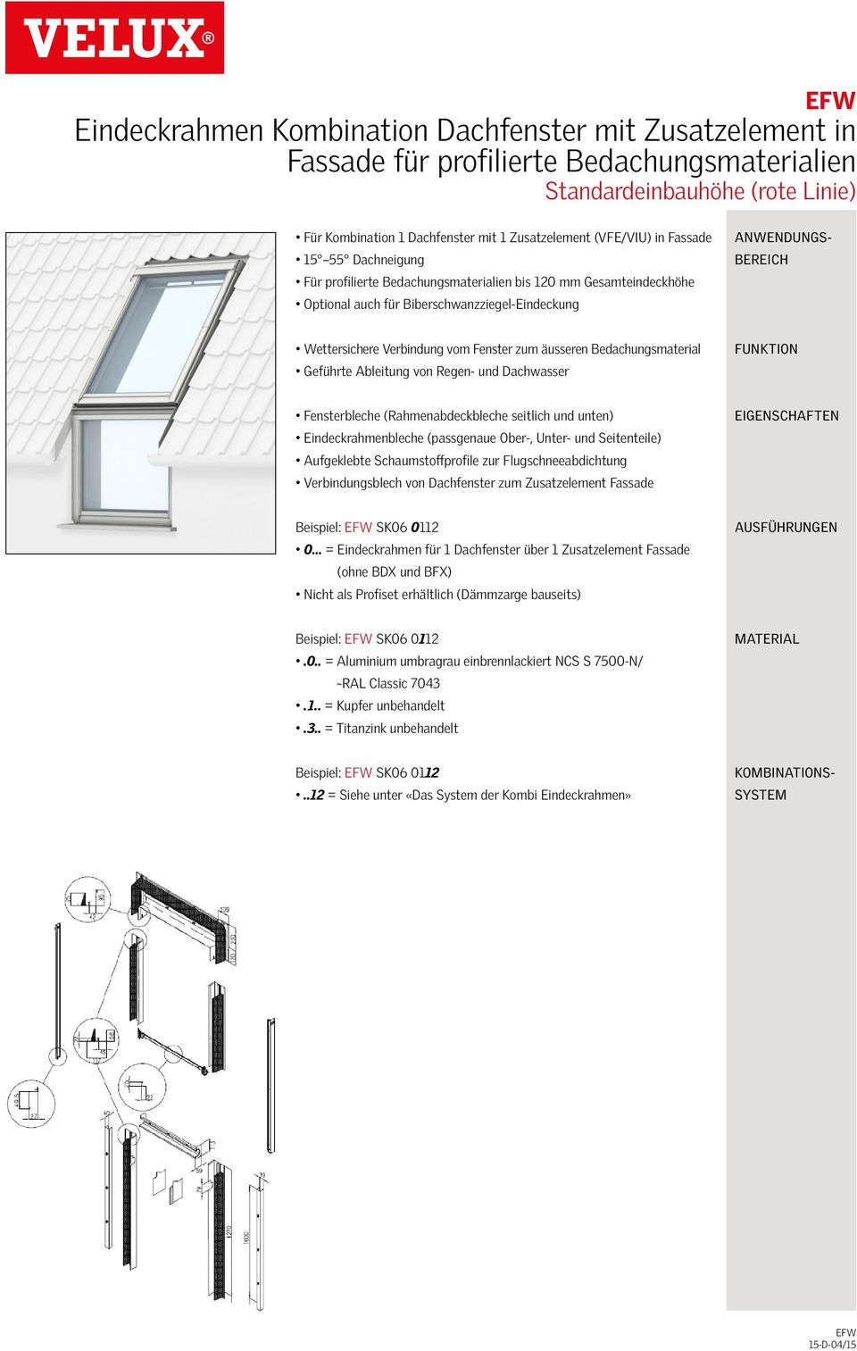 Flugschneeabdichtung Verbindungsblech von Dachfenster zum Zusatzelement Fassade Beispiel: EFW SK06 0112 0 = Eindeckrahmen für 1 Dachfenster über 1 Zusatzelement Fassade (ohne BDX