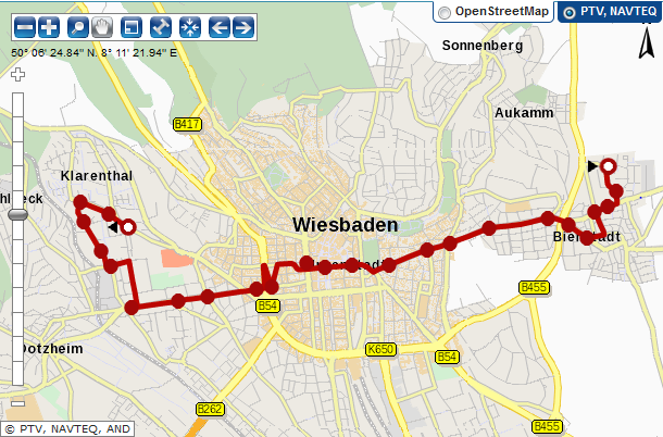 Geschwindigkeit in [km/h] Basis für Vergleiche im schweren Stadtverkehr: Linie 17F in Wiesbaden (v Zykl =12-15 km/h) Höhe über n.