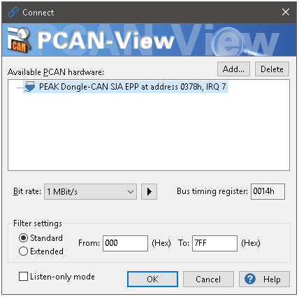 So starten und initialisieren Sie PCAN-View: 1. Öffnen Sie PCAN-View über das Windows-Startmenü. Das Dialogfenster Connect erscheint. Abbildung 11: Auswahl der Hardware und Parameter 2.