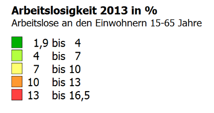 Tabelle 14: Entwicklung der Arbeitslosigkeit Arbeitslosigkeit 2007 2013 Anteil an Einwohner 15-65 Jahre in % Arbeitslose Anteil an Einwohner 15-65 Jahre in % Entwicklung 2007-2013 Anteil an