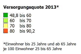 Karte 23: Versorgungsquote 2013 auf Gemeindeebene In den kommenden Jahren ist aber mit einer Zunahme der Versorgungsquote auch im Landkreis Nordwestmecklenburg zu rechnen.