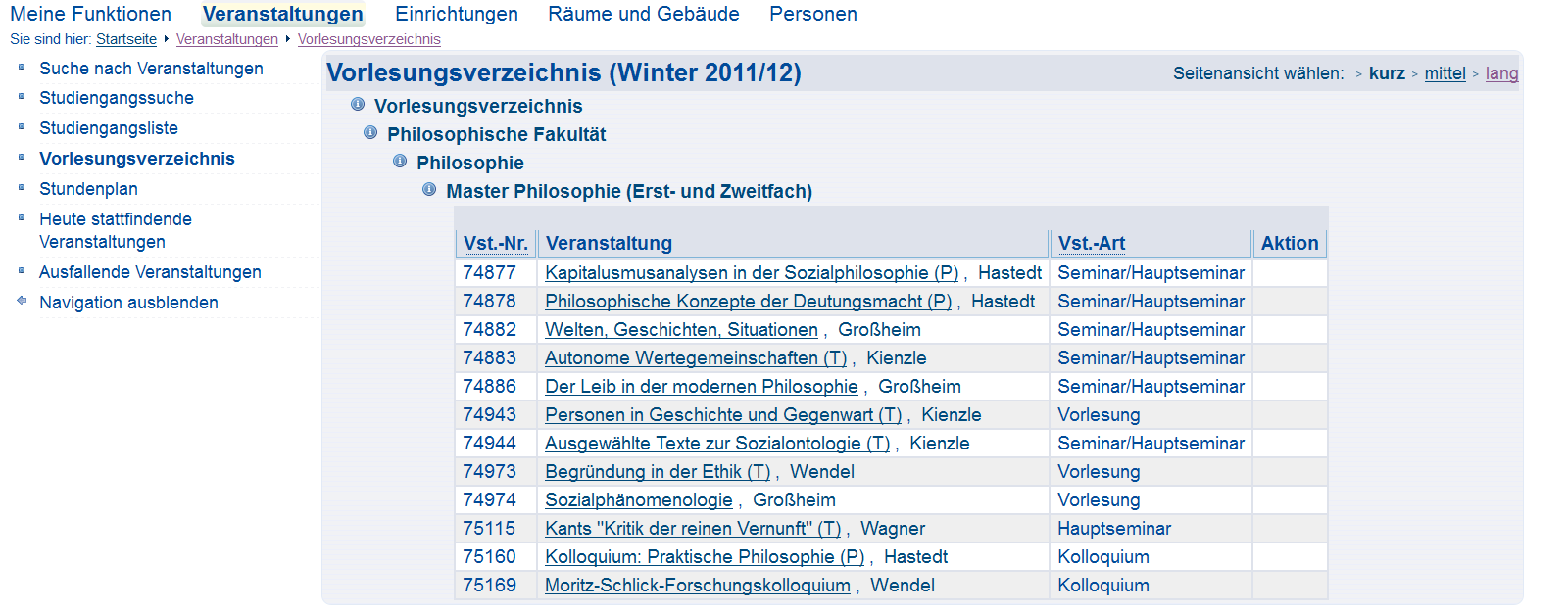 Durch einen Klick auf das X kann die Veranstaltung wieder aus dem Stundenplan entfernt werden.