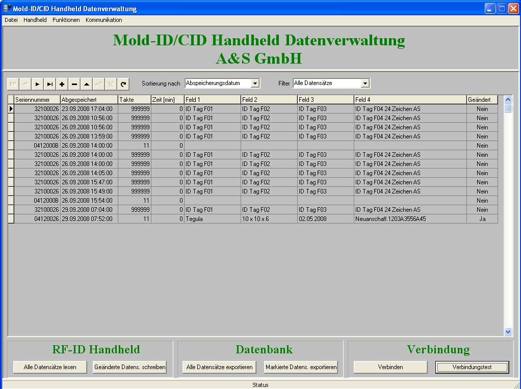 Software Mit der Software können die gespeicherten Daten des RF-ID Handhelds Menu ausgelesen und angezeigt, geändert und als *.csv Datei für die Weiterverarbe
