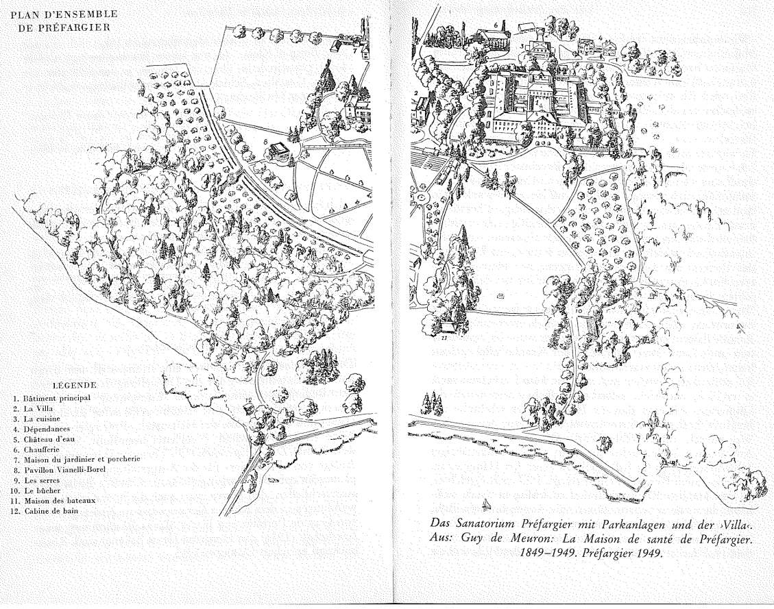 Das Sanatorium Préfargier mit Parkanlagen und der Vila. Aus: Guy de Meuron: La Maison de santé de Préfargier. 1849-1949. Préfargier 1949.