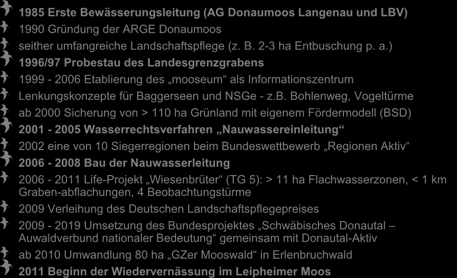 Meilensteine der Umsetzung 1985 Erste Bewässerungsleitung (AG Donaumoos Langenau und LBV) 1990 Gründung der ARGE Donaumoos seither umfangreiche Landschaftspflege (z. B. 2-3 ha Entbuschung p. a.