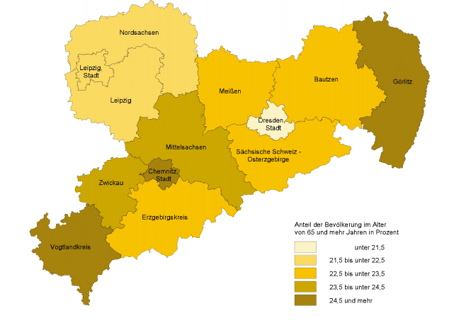 Abbildung 5: Anteil der Bevölkerung im Alter von 65 und mehr Jahren an der Gesamtbevölkerung im Freistaat Sachsen am 31. Dezember 2006 nach Kreisfreien Städten und Landkreisen, Gebietsstand: 1.