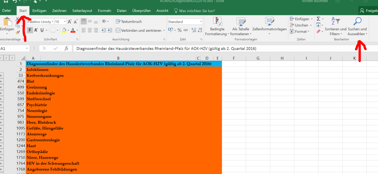 Kapitel 3 - So nutzen Sie die Suchfunktion von Excel 3 - SO NUTZEN SIE DIE SUCHFUNKTION VON EXCEL Hier dargestellt für Excel 2016: Klicken Sie auf Start (im Bild linker Pfeil) und dann auf Suchen und