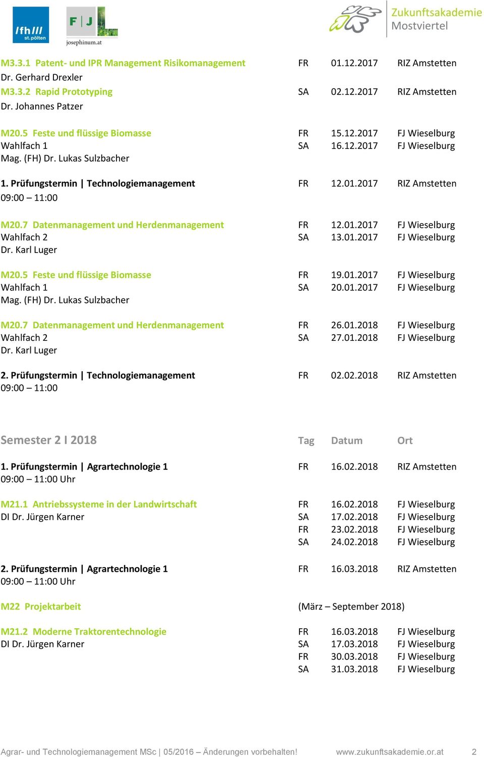 7 Datenmanagement und Herdenmanagement FR 12.01.2017 FJ Wieselburg Wahlfach 2 SA 13.01.2017 FJ Wieselburg Dr. Karl Luger M20.5 Feste und flüssige Biomasse FR 19.01.2017 FJ Wieselburg Wahlfach 1 SA 20.