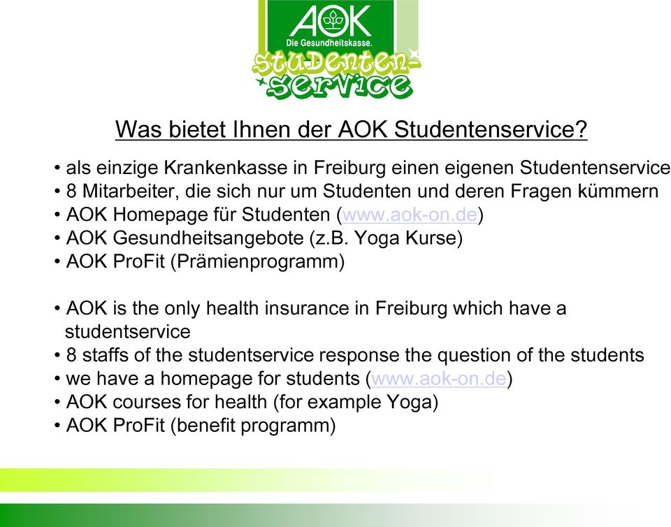 Homepage für Studenten (www.aok-on.de) AOK Gesundheitsangebo