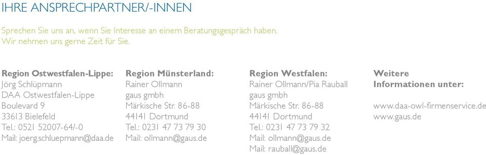 de Region Münsterland: Rainer Ollmann gaus gmbh Märkische Str. 86-88 44141 Dortmund Tel.: 0231 47 73 79 30 Mail: ollmann@gaus.