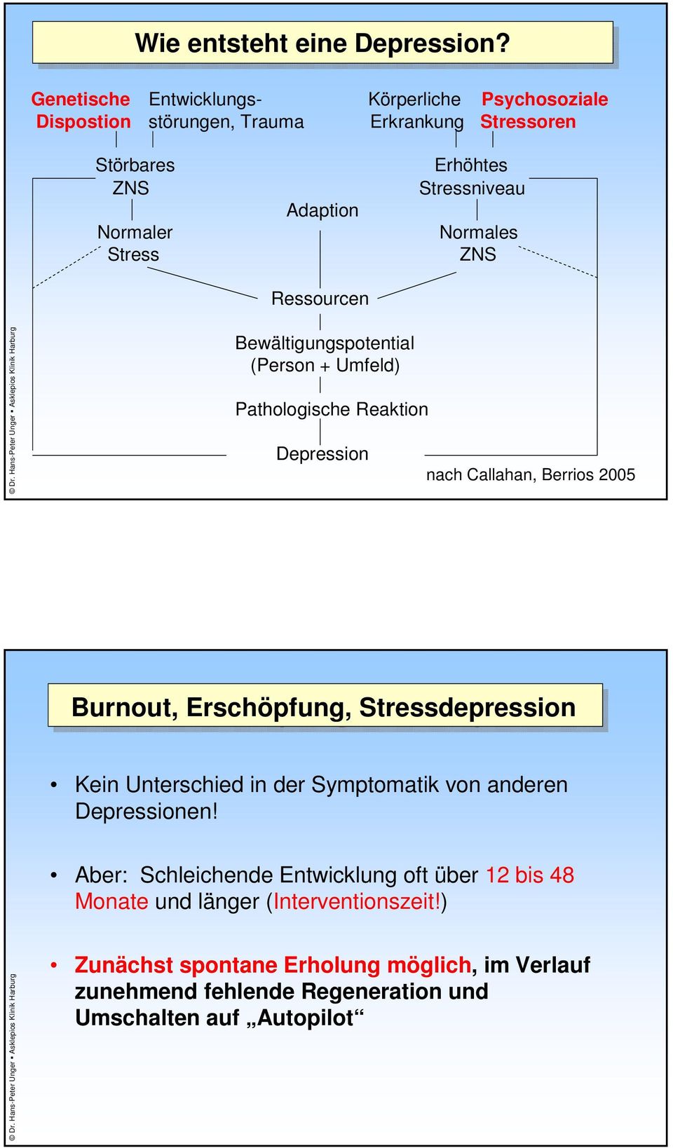 Erhöhtes Stressniveau Normales ZNS Bewältigungspotential (Person + Umfeld) Pathologische Reaktion Depression nach Callahan, Berrios 2005 Burnout,