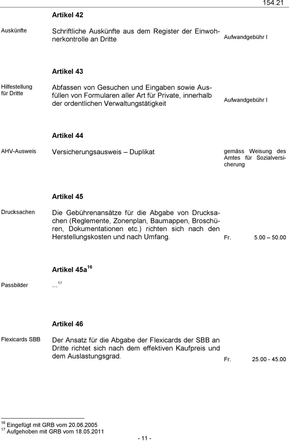 44 AHV-Ausweis Versicherungsausweis Duplikat gemäss Weisung des Amtes für Sozialversicherung Artikel 45 Drucksachen Die Gebührenansätze für die Abgabe von Drucksachen (Reglemente, Zonenplan,