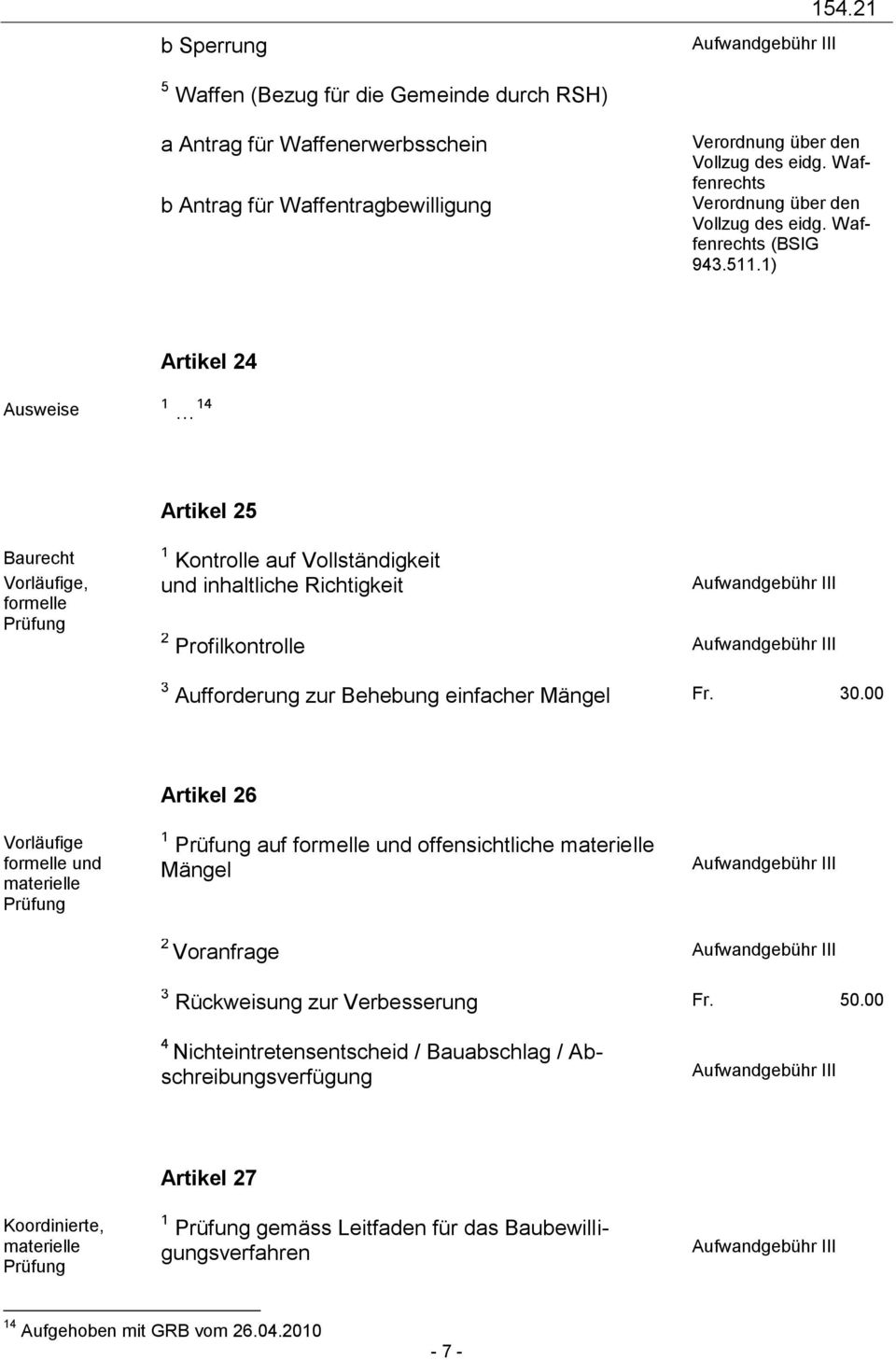 ) Artikel 24 Ausweise 4 Artikel 25 Baurecht Vorläufige, formelle Prüfung Kontrolle auf Vollständigkeit und inhaltliche Richtigkeit 2 Profilkontrolle 3 Aufforderung zur Behebung einfacher Mängel Fr.