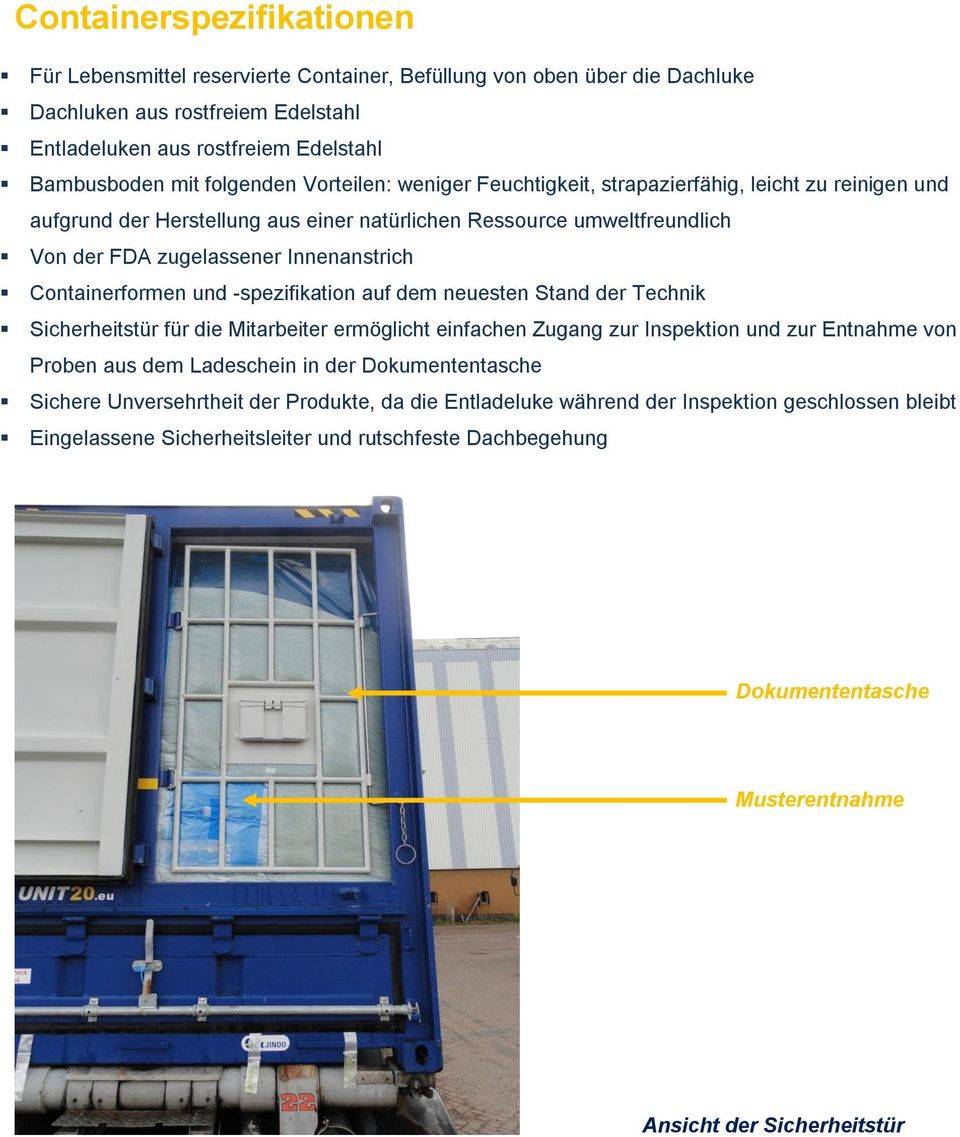 Containerformen und -spezifikation auf dem neuesten Stand der Technik Sicherheitstür für die Mitarbeiter ermöglicht einfachen Zugang zur Inspektion und zur Entnahme von Proben aus dem Ladeschein in