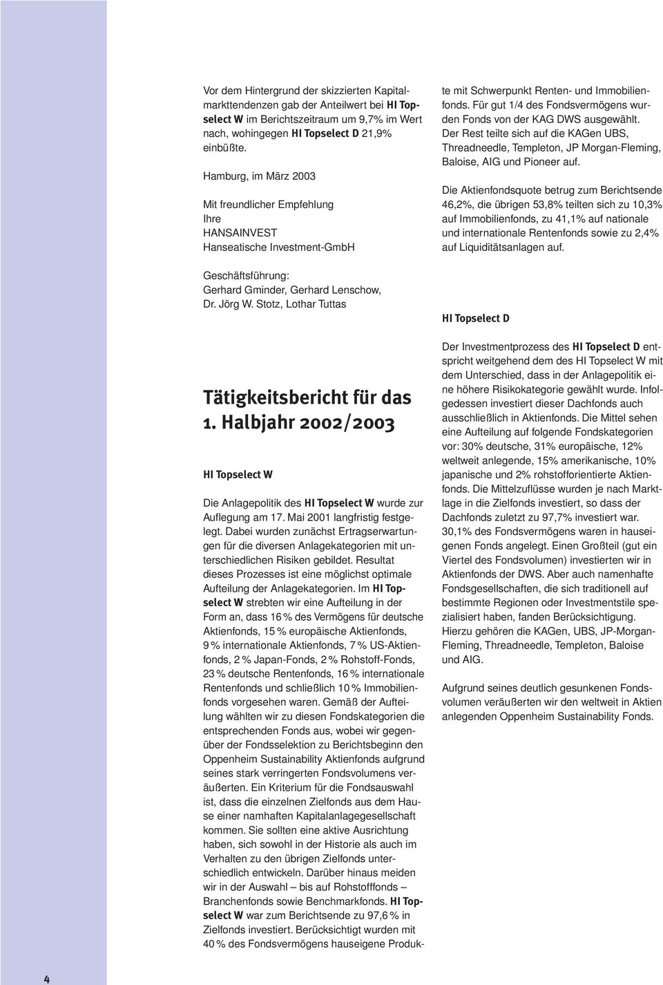 Stotz, Lothar Tuttas Tätigkeitsbericht für das 1. Halbjahr 2002/2003 HI Topselect W Die Anlagepolitik des HI Topselect W wurde zur Auflegung am 17. Mai 2001 langfristig festgelegt.