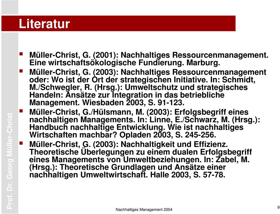 (2003): Erfolgsbegriff eines nachhaltigen Managements. In: Linne, E./Schwarz, M. (Hrsg.): Handbuch nachhaltige Entwicklung. Wie ist nachhaltiges Wirtschaften machbar? Opladen 2003, S. 245-256.