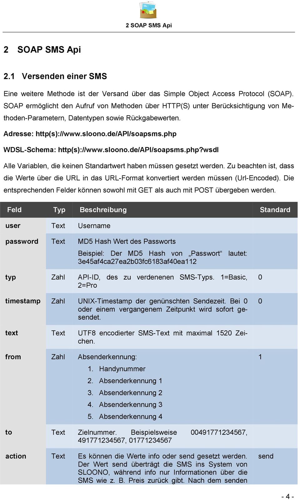 php WDSL-Schema: http(s)://www.sloono.de/api/soapsms.php?wsdl Alle Variablen, die keinen Standartwert haben müssen gesetzt werden.