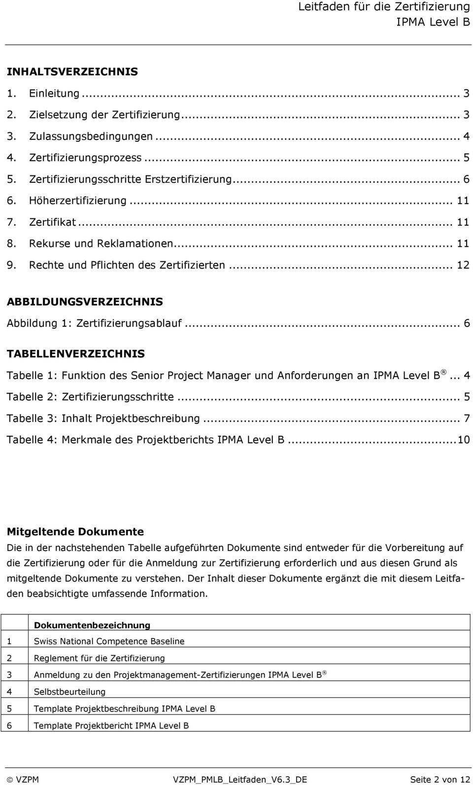 .. 6 TABELLENVERZEICHNIS Tabelle 1: Funktion des Senior Project Manager und Anforderungen an... 4 Tabelle 2: Zertifizierungsschritte... 5 Tabelle 3: Inhalt Projektbeschreibung.