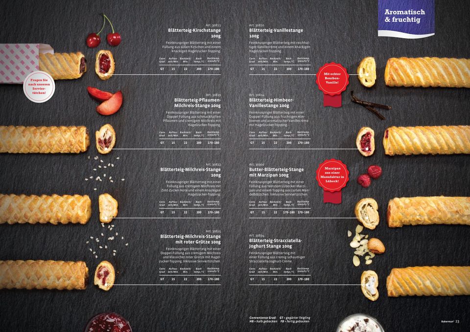 Aromatisch & fruchtig Auftauzeit/ Auftauzeit/ Fragen Sie nach unseren Serviertütchen! GT 15 22 200 170 180 Art. 30819 Blätterteig-Pflaumen- Milchreis-Stange 100g GT 15 22 200 170 180 Art.