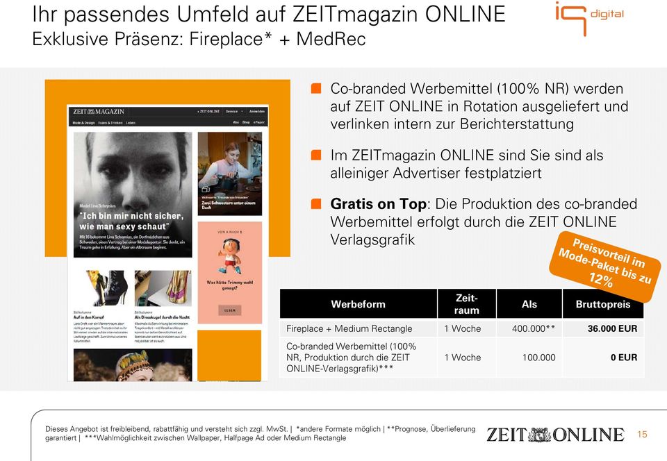 Werbeform Zeitraum AIs Bruttopreis Fireplace + Medium Rectangle 1 Woche 400.000** 36.000 EUR Co-branded Werbemittel (100% NR, Produktion durch die ZEIT ONLINE-Verlagsgrafik)*** 1 Woche 100.