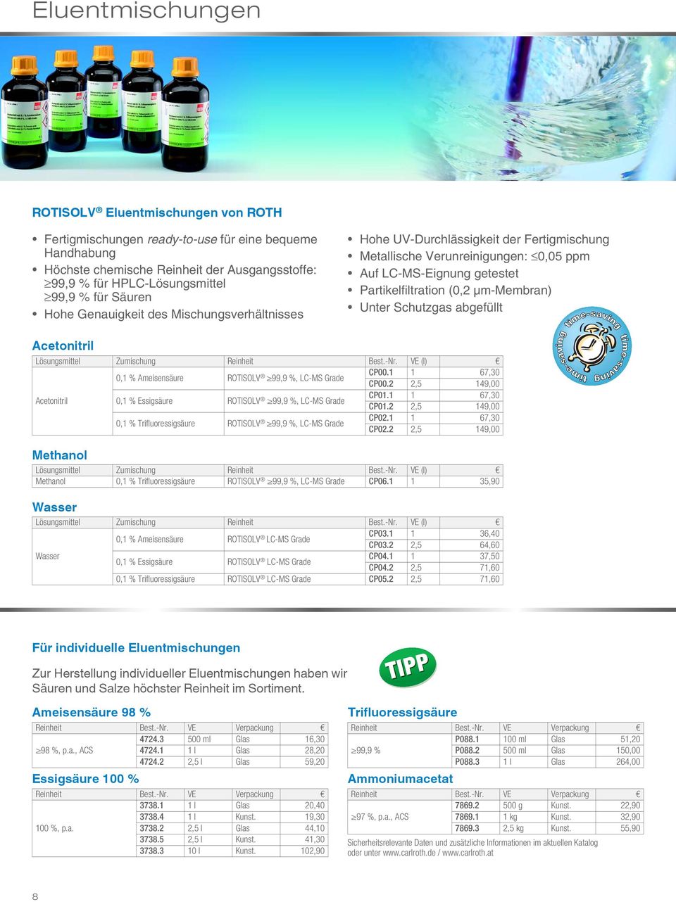 μm-membran) Unter Schutzgas abgefüllt Lösungsmittel Zumischung 0,1 % Ameisensäure ROTISOLV 99,9 %, LC-MS Grade CP00.1 1 67,30 CP00.
