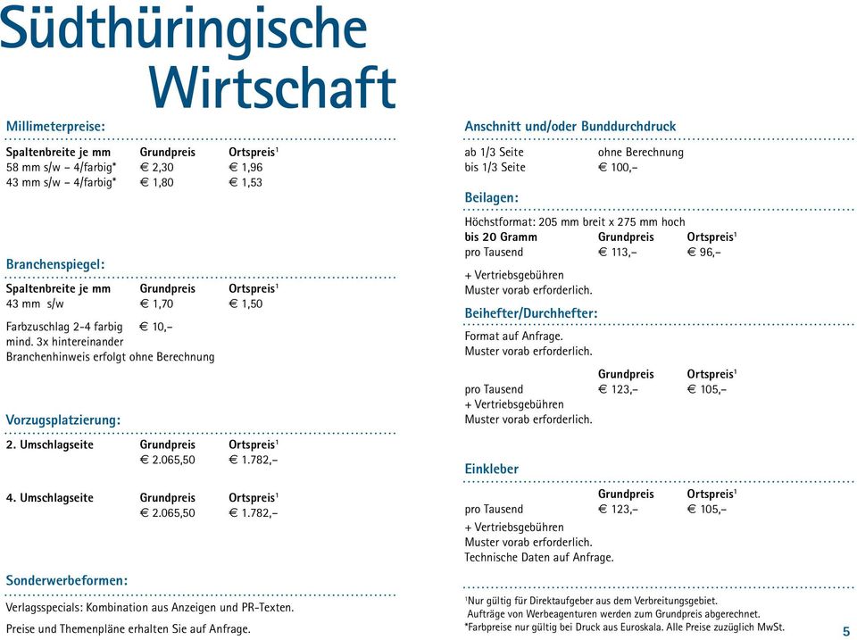 Umschlagseite Grundpreis Ortspreis 1 2.065,50 1.782, Sonderwerbeformen: Verlagsspecials: Kombination aus Anzeigen und PR-Texten. Preise und Themenpläne erhalten Sie auf Anfrage.