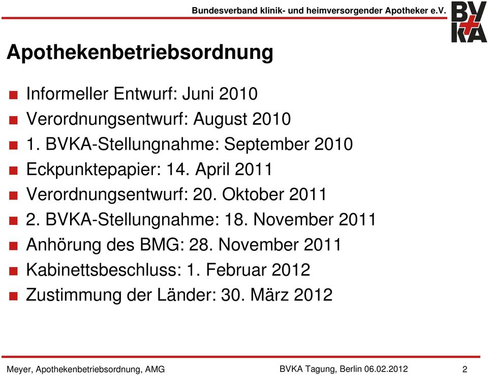 Oktober 2011 2. BVKA-Stellungnahme: 18. November 2011 Anhörung des BMG: 28.