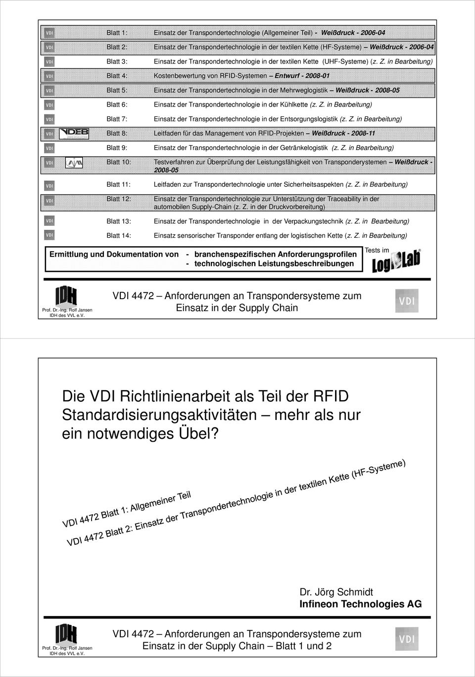 in Bearbeitung) Blatt 4: Kostenbewertung von RFID-Systemen Entwurf - 2008-01 Blatt 5: Einsatz der Transpondertechnologie in der Mehrweglogistik Weißdruck - 2008-05 Blatt 6: Blatt 7: Einsatz der