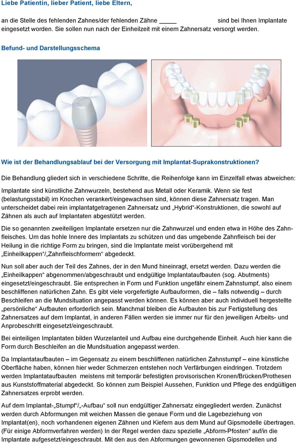Die Behandlung gliedert sich in verschiedene Schritte, die Reihenfolge kann im Einzelfall etwas abweichen: Implantate sind künstliche Zahnwurzeln, bestehend aus Metall oder Keramik.