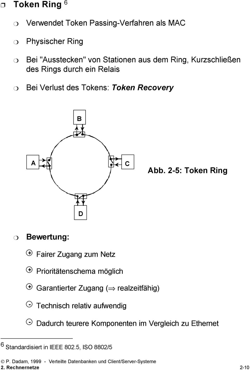 2-5: Token Ring D Bewertung: + Fairer Zugang zum Netz + Prioritätenschema möglich + Garantierter Zugang (