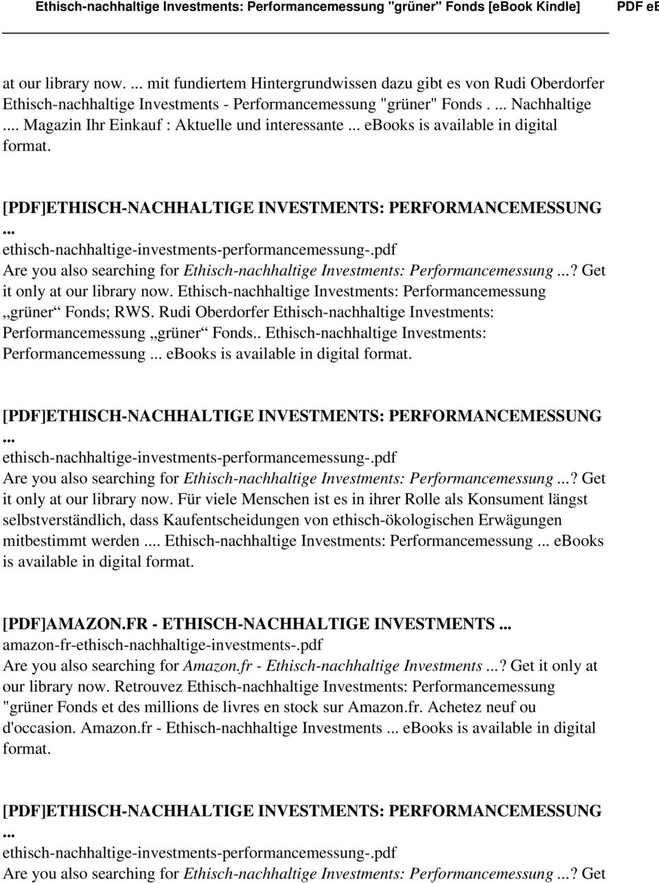 Ethisch-nachhaltige Investments: Performancemessung grüner Fonds; RWS. Rudi Oberdorfer Ethisch-nachhaltige Investments: Performancemessung grüner Fonds.