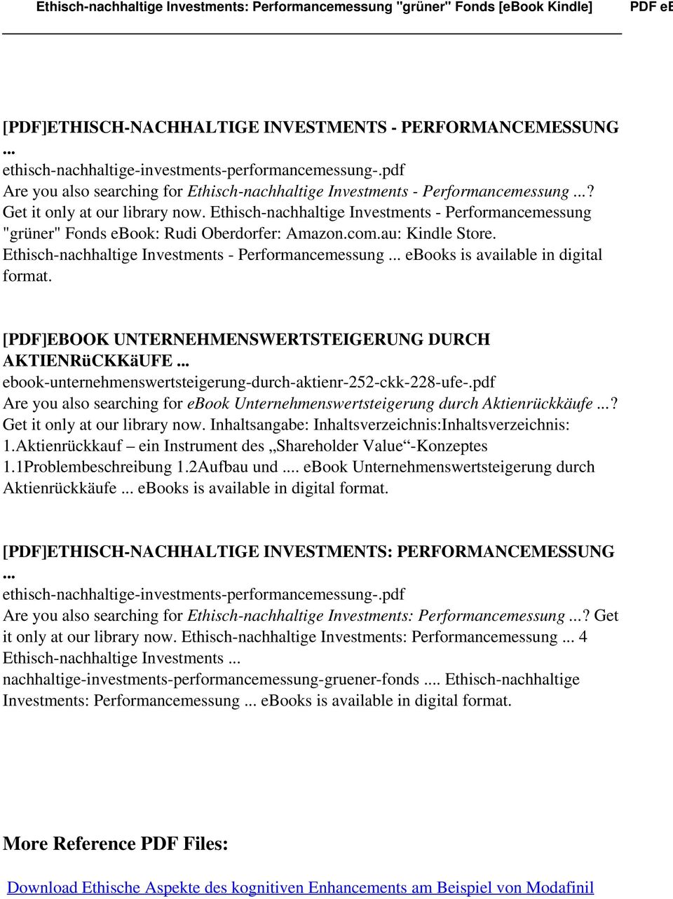 Ethisch-nachhaltige Investments - Performancemessung ebooks is available in digital [PDF]EBOOK UNTERNEHMENSWERTSTEIGERUNG DURCH AKTIENRüCKKäUFE