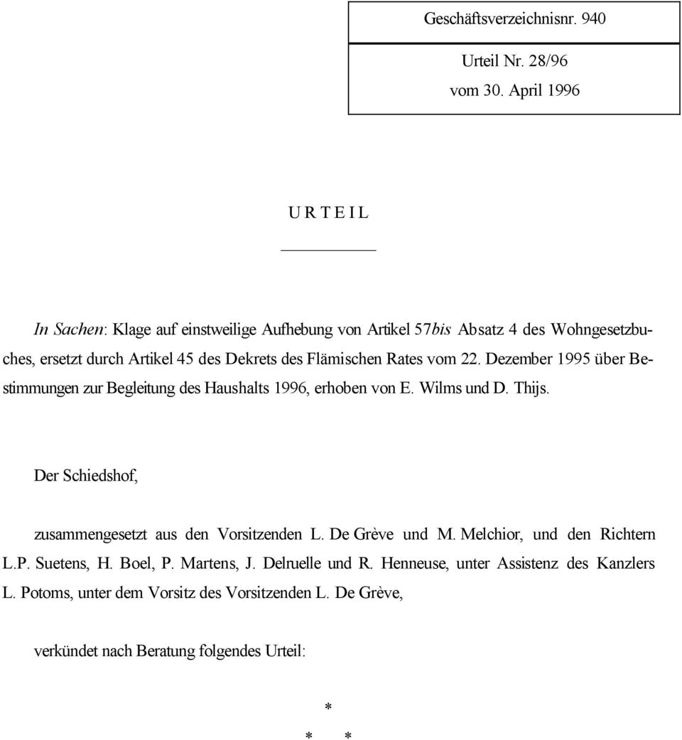 Flämischen Rates vom 22. Dezember 1995 über Bestimmungen zur Begleitung des Haushalts 1996, erhoben von E. Wilms und D. Thijs.