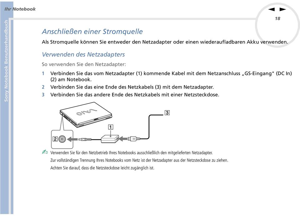 2 Verbide Sie das eie Ede des etzkabels (3) mit dem etzadapter. 3 Verbide Sie das adere Ede des etzkabels mit eier etzsteckdose.