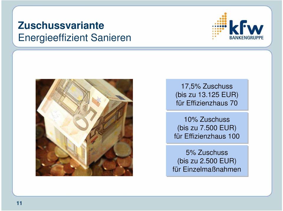 125 EUR) für Effizienzhaus 70 10% Zuschuss (bis zu
